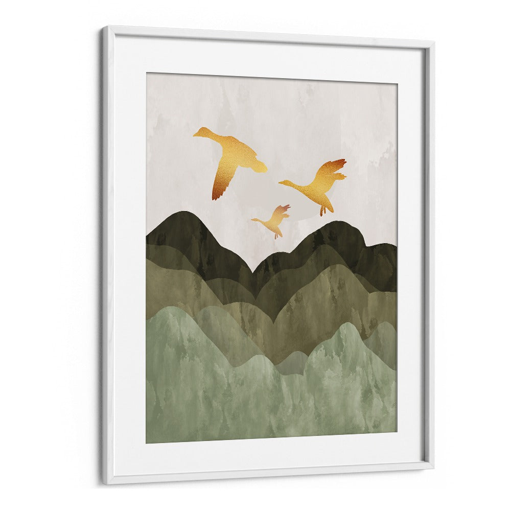 Golden Birds Flying over mountains in stunning landscape paintings, perfect for any living space or office decor.
