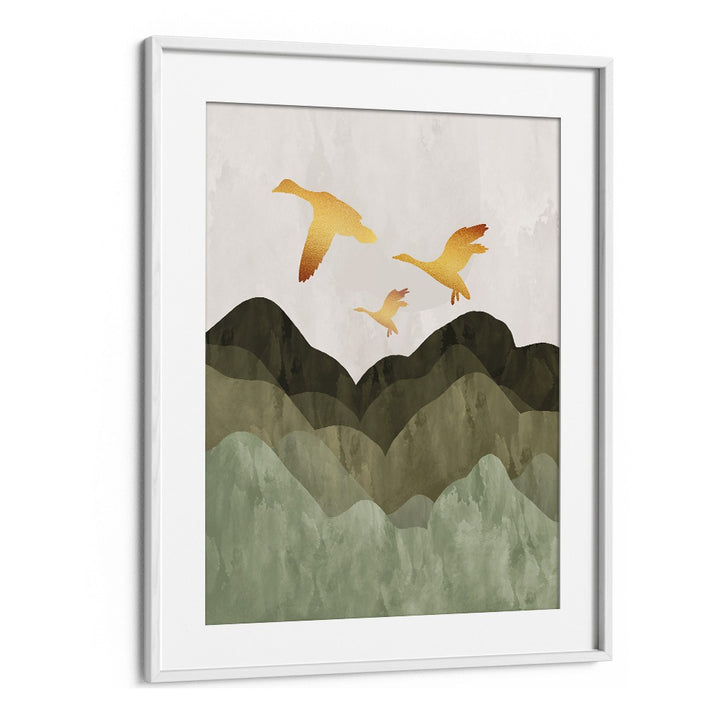 Golden Birds Flying over mountains in stunning landscape paintings, perfect for any living space or office decor.