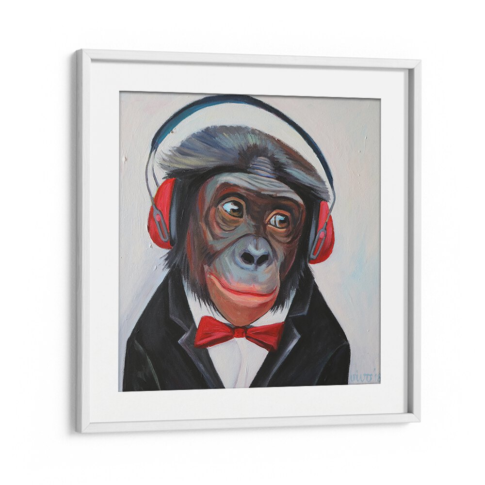 Stylish GROOVY PRIMATE TUNES, COMIC POSTERS featuring a dressed-up monkey with headphones, perfect for comic lovers.