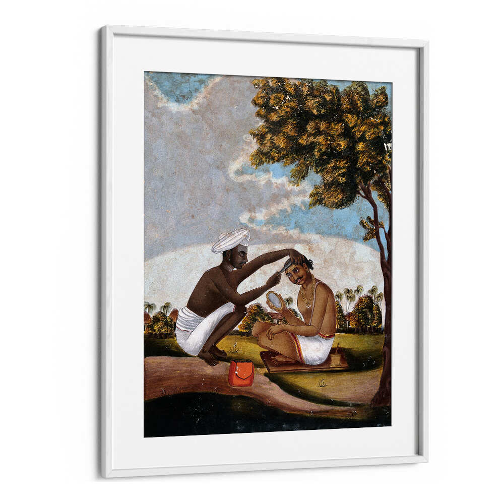 HINDU BARBER SHAVING A MAN'S HEAD