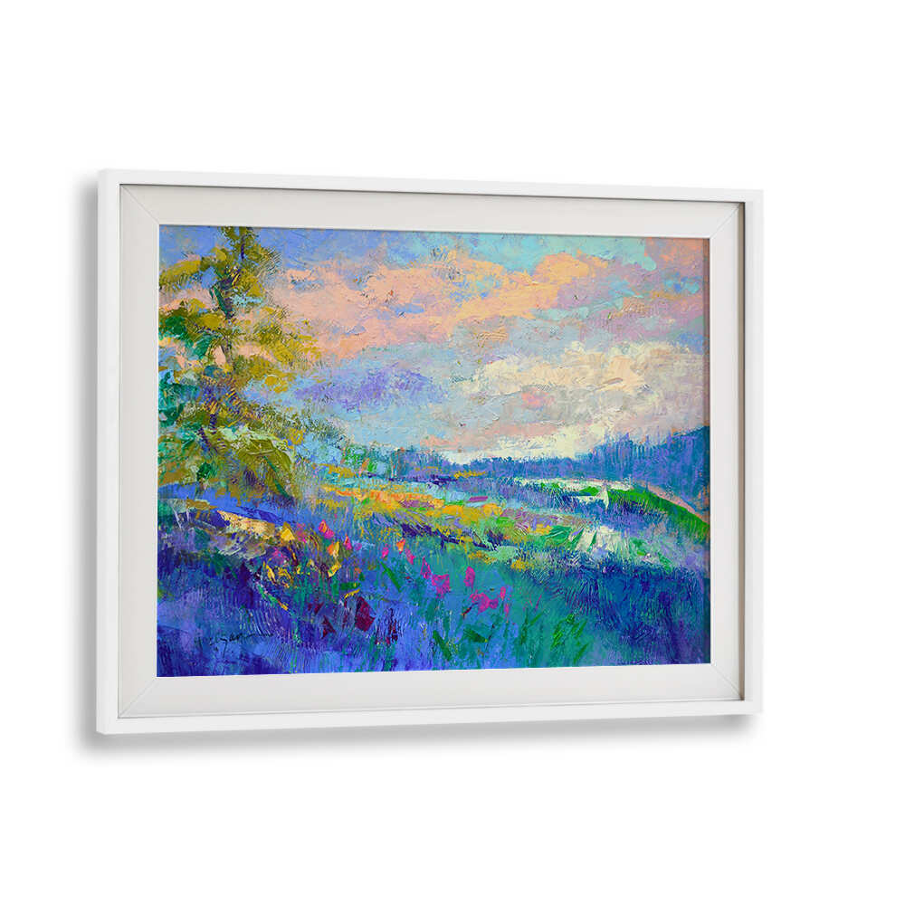 WhiteMount Gallery framed IMPRESSIONIST , LANDSCAPE PAINTINGS showing vibrant meadow, trees and pastel sky.