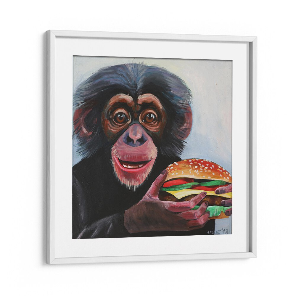 Whimsical MONKEY HOLDING A HAMBURGER, COMIC POSTERS perfect for vibrant comic book decor by WhiteMount.