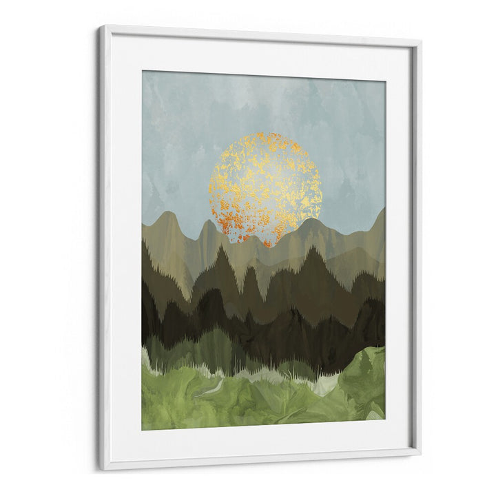 Stunning MOUNTAIN VIEW, LANDSCAPE PAINTINGS featuring vibrant mountains and a golden sun, perfect for outdoor enthusiasts.