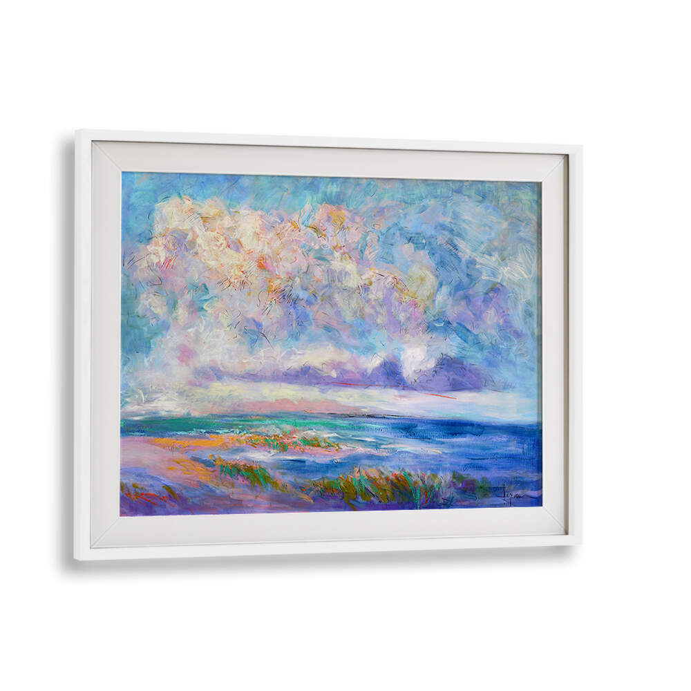 WhiteMount NATURE INSPIRED , LANDSCAPE PAINTINGS pastel seascape with dunes and vibrant cloudscape in white frame