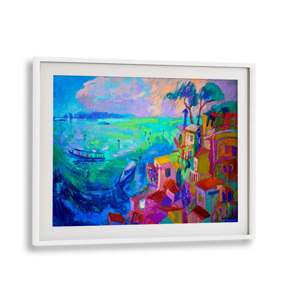 WHITEMOUNT NATURE INSPIRED LANDSCAPE II , LANDSCAPE PAINTINGS, vibrant coastal scene with boats and colorful village
