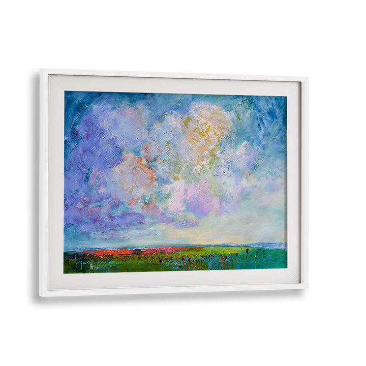 NATURE’S BEAUTY , LANDSCAPE PAINTINGS — WhiteMount framed abstract landscape with vibrant cloudy sky over green meadow