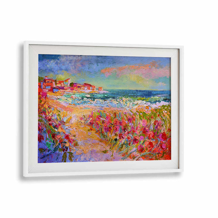 NATURE’S VIVID BEAUTY , LANDSCAPE PAINTINGS WhiteMount framed coastal scene with vivid wildflowers and ocean