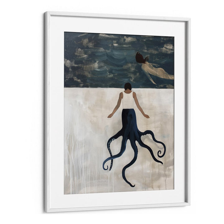 Whimsical OCTOPUS MAID, BEACH PAINTINGS artwork featuring a figure and an octopus at the shore, perfect for decor.