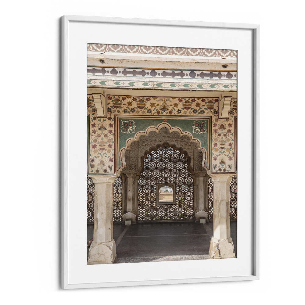 ORNATE ARCHWAY , INDIAN ART PAINTINGS White Mount framed print showing scalloped arch, jali screen and floral frescoes