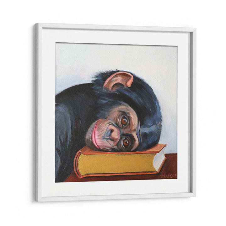 Resting monkey head on a book, comic posters add whimsy and charm to your space with vibrant, unique decor.