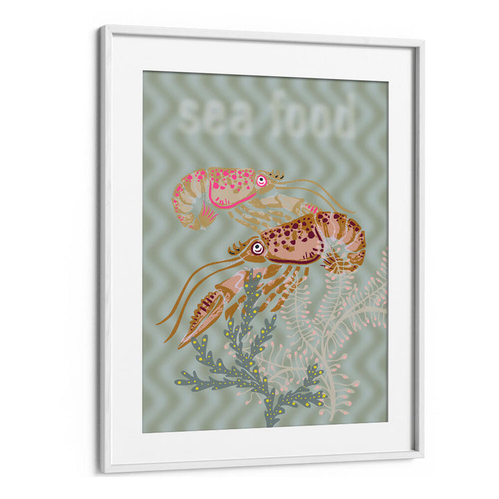 Colorful SEA FOOD V, BEACH PAINTINGS featuring vibrant shrimp, perfect for enhancing coastal decor in any space.