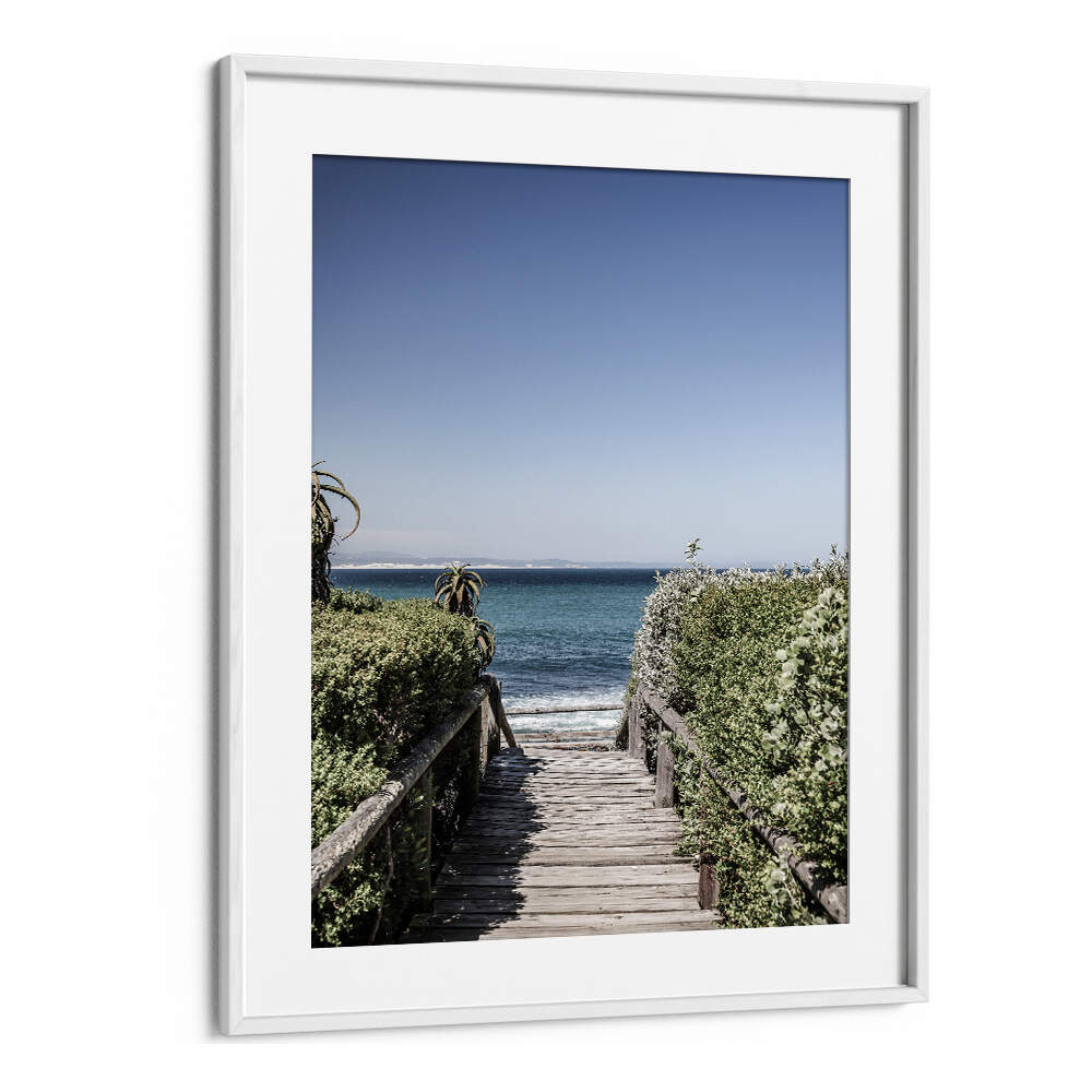 SEASIDE TRANQUILITY , BEACH PAINTINGS framed by WHITEMOUNT — wooden boardwalk through dunes to calm blue ocean