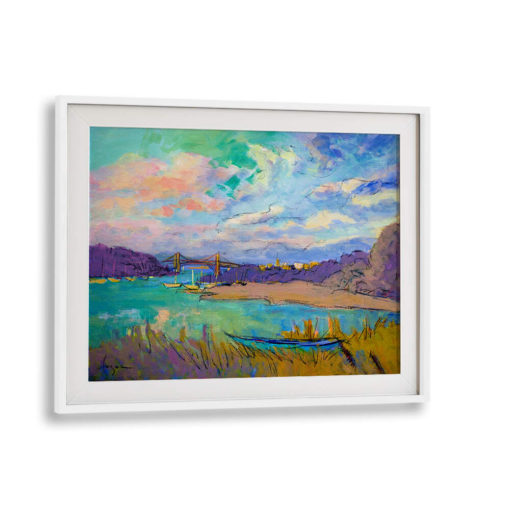 WHITEMOUNT SERENE RIVER SKIES , LANDSCAPE PAINTINGS colorful framed river vista with bridge, boats and expansive sky