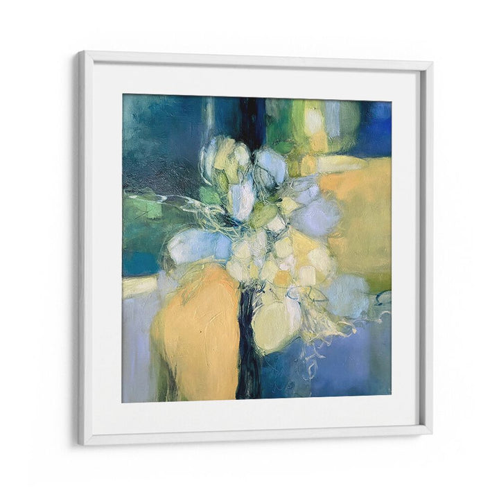 Colorful SNAPDRAGON, ABSTRACT PAINTINGS artwork featuring soft blooms against soothing blue and green backgrounds.