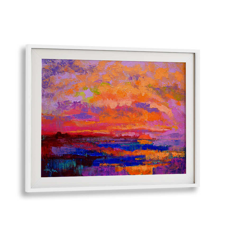 WhiteMount framed abstract sunset landscape with vibrant textured sky and warm tones, SUNSET HUES , LANDSCAPE PAINTINGS
