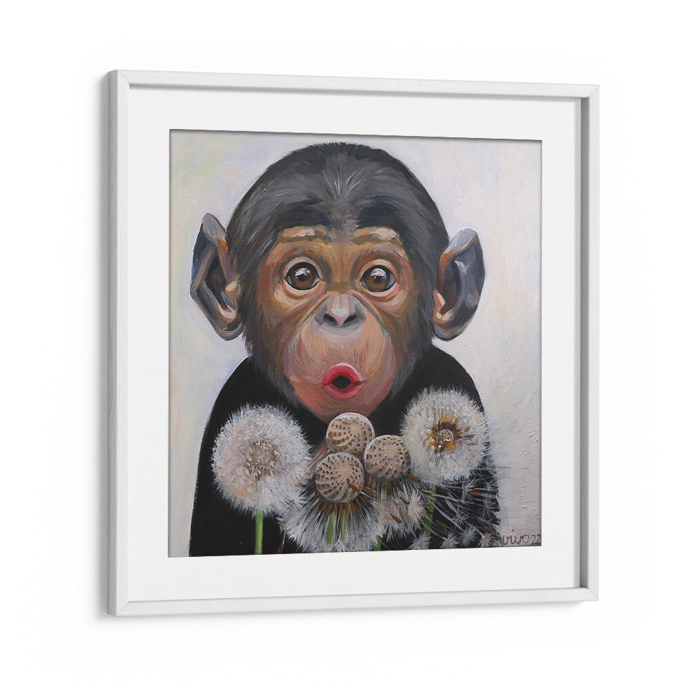 Vibrant SURPRISED MONKEY, COMIC POSTERS featuring a playful monkey amidst dandelions, perfect for any art lover.