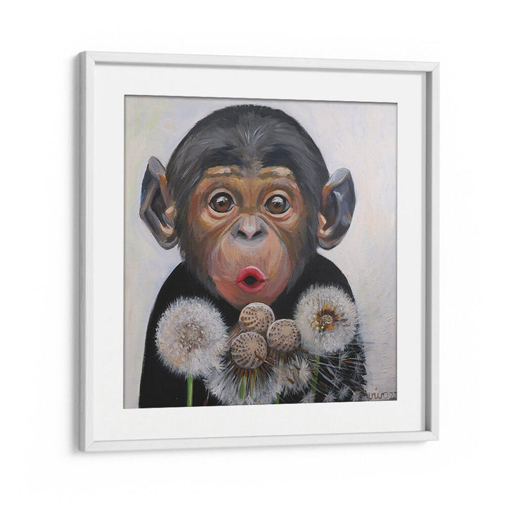 Vibrant SURPRISED MONKEY, COMIC POSTERS featuring a playful monkey amidst dandelions, perfect for any art lover.