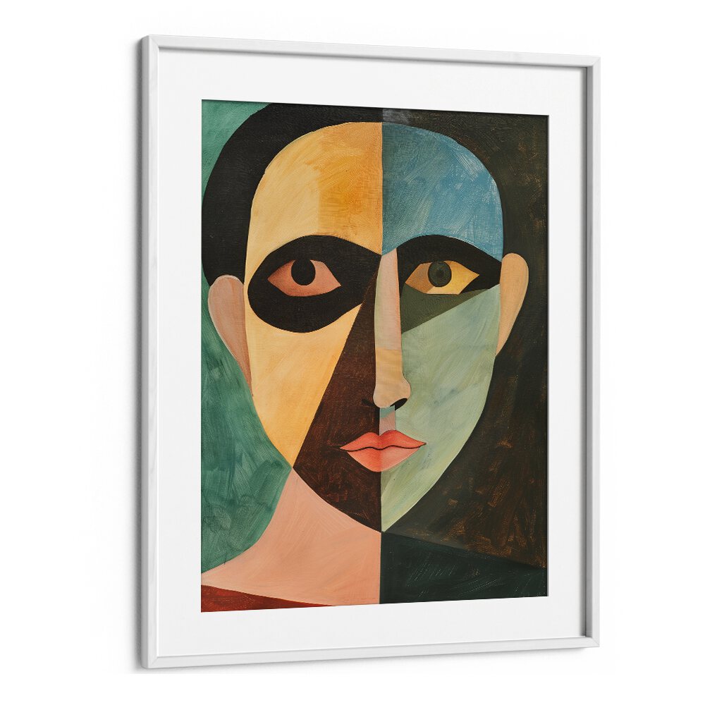 Abstract artwork showcasing "THE MAN IN GREEN, PORTRAITS" with bold colors and striking geometric features.