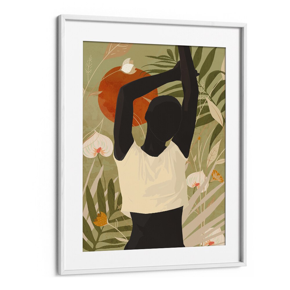 TROPICAL GIRL III, BOHO ART PAINTINGS showcases a vibrant, abstract figure surrounded by lush greenery and warm colors.