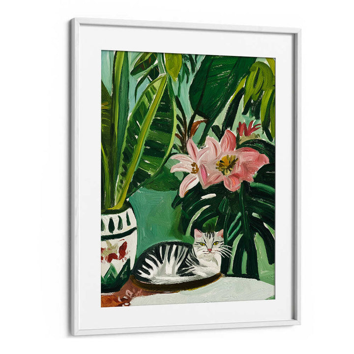 TROPICAL MUSE WITH CAT , FLORAL FLOWER PAINTINGS