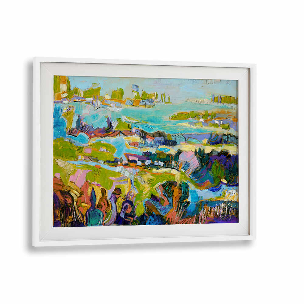WhiteMount VIBRANT LANDSCAPE , LANDSCAPE PAINTINGS: framed abstract coastal scene in bright blues, greens and purples