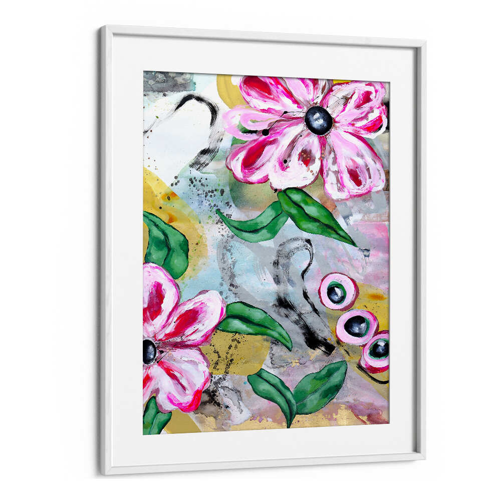 VIBRANT PINK FLOWERS AND GREEN LEAVES , FLORAL FLOWER PAINTINGS