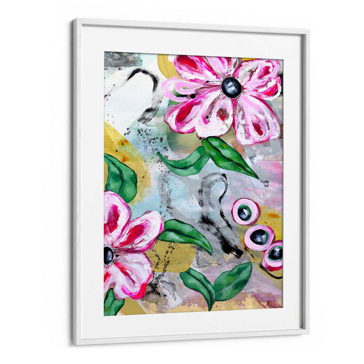 VIBRANT PINK FLOWERS AND GREEN LEAVES , FLORAL FLOWER PAINTINGS