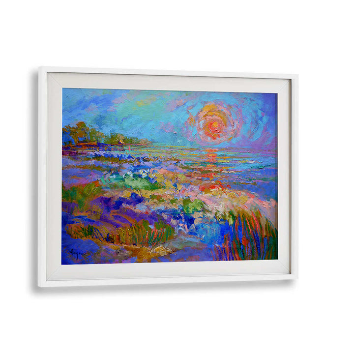 Framed VIVID HORIZON GLOW , LANDSCAPE PAINTINGS by WHITEMOUNT showing radiant sunrise over a colorful coastal meadow