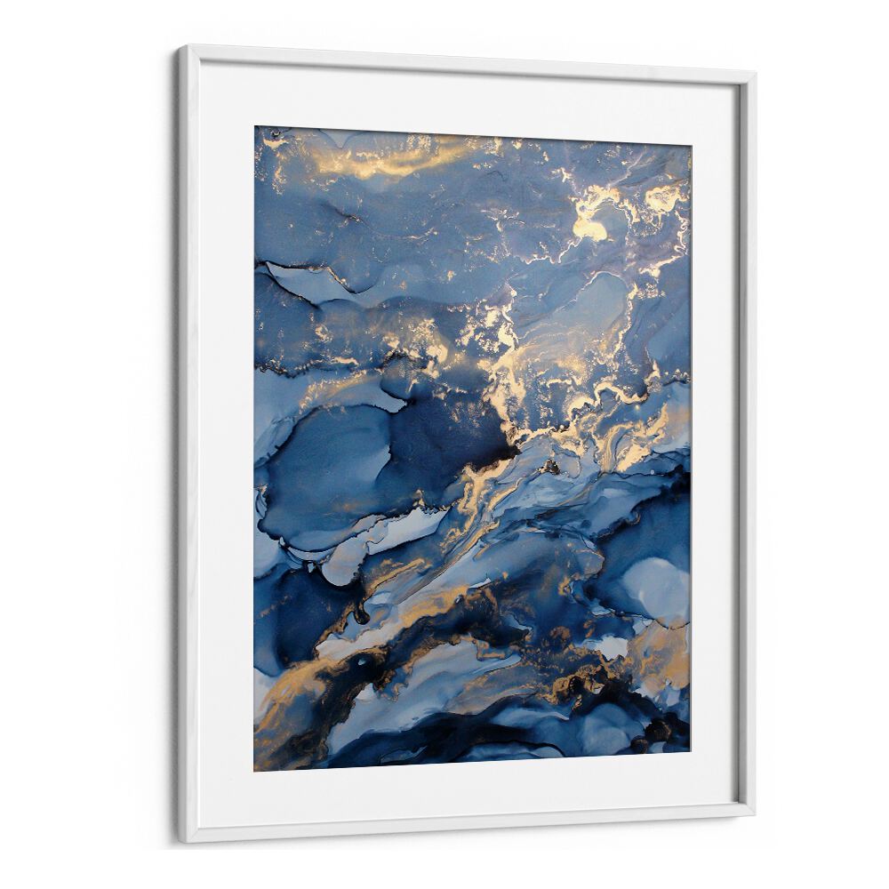 Elegant WAVES III, ABSTRACT PAINTINGS featuring deep blue tones and gold accents, perfect for modern decor.