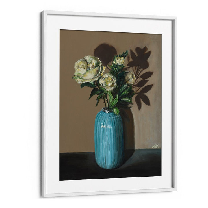 WHITE PEONIES IN BLUE VASE