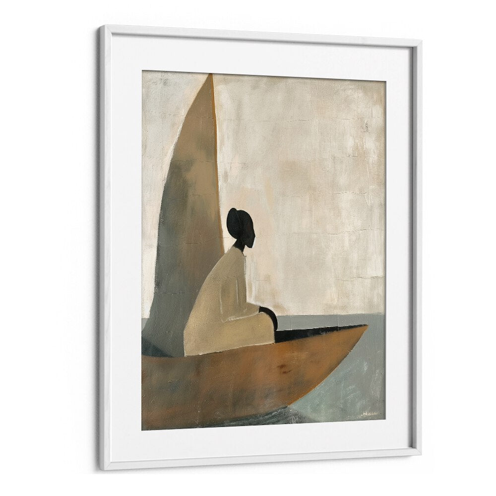 Elegant woman on boat, portraits, showcasing serene beauty in WHITEMOUNT's artistic illustration.