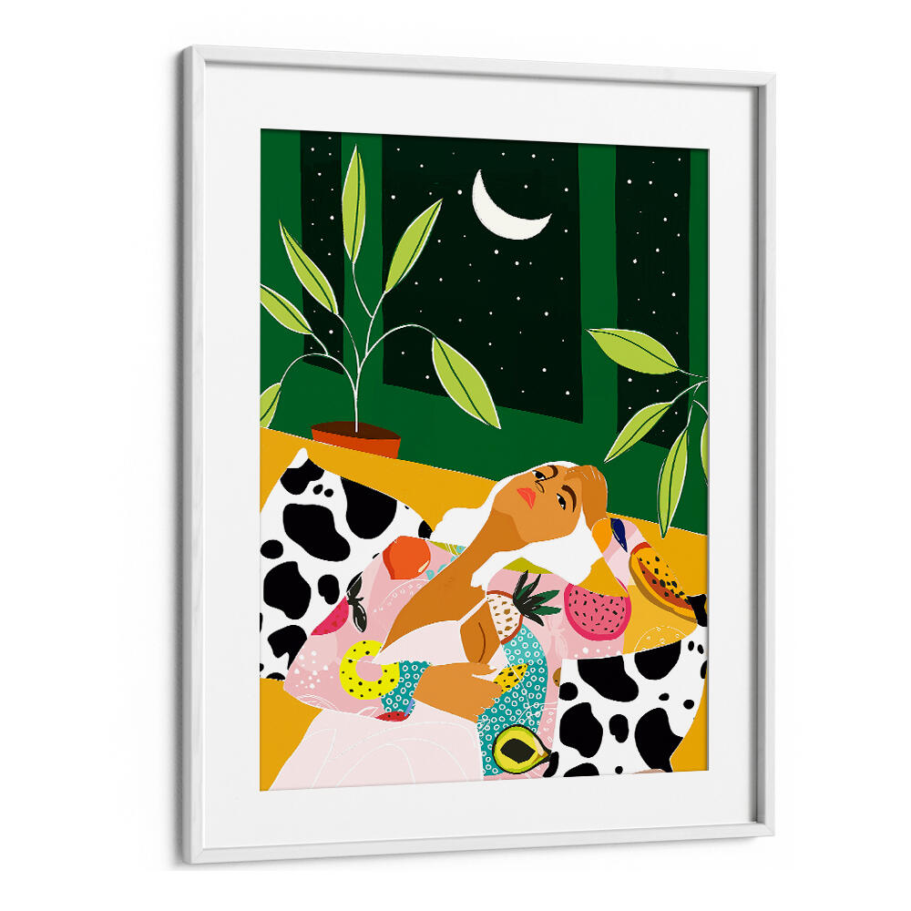 WOMAN RELAXING UNDER A CRESCENT MOON , FASHION POSTERS