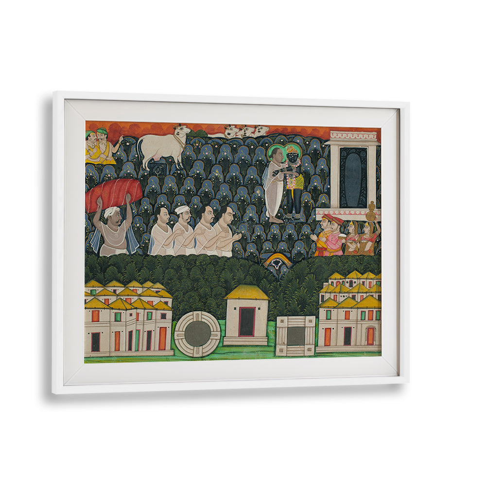 PRATHAM MILAN SHRINATHJI REVEALING HIMSELF TO VALABHACHARYA ON MOUNT GOVARDHAN  SACRED ENCOUNTER ON MOUNT GOVARDHAN , INDIAN ART PAINTINGS