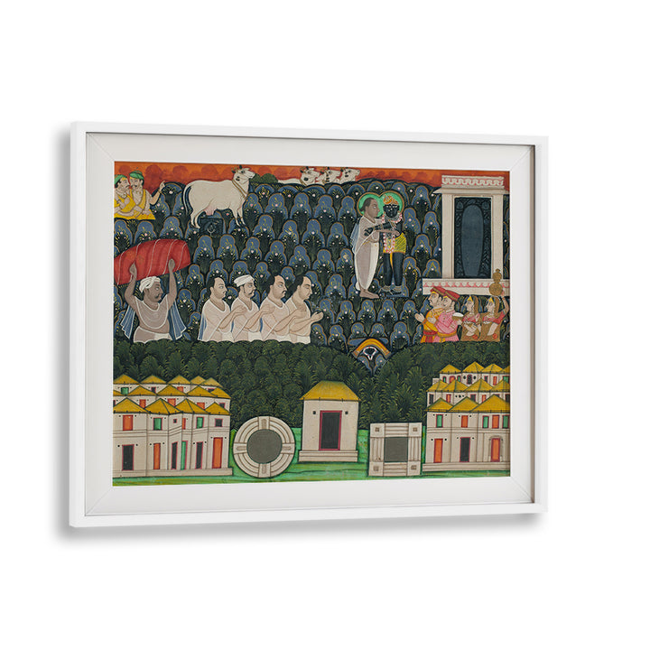 PRATHAM MILAN SHRINATHJI REVEALING HIMSELF TO VALABHACHARYA ON MOUNT GOVARDHAN  SACRED ENCOUNTER ON MOUNT GOVARDHAN , INDIAN ART PAINTINGS