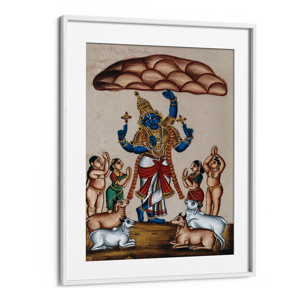KRISHNA LIFTING MOUNT GOVARDHAN , INDIAN ART PAINTINGS