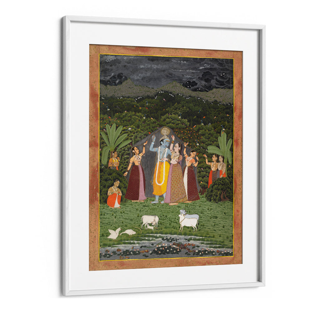 KRISHNA AND THE GOPIS TAKE SHELTER FROM THE RAIN , INDIAN ART PAINTINGS