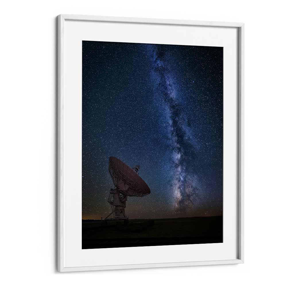 Stunning night sky with a satellite dish, perfect for showcasing CONTACT, PHOTOGRAPHY PRINTS in your space.
