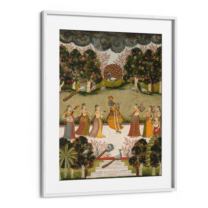 KRISHNA PLAYING THE FLUTE TO SEVEN GOPIS HOLDING MUSICAL INSTRUMENTS , INDIAN ART PAINTINGS