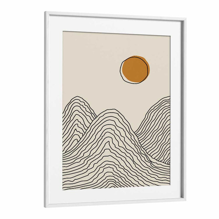 Stylish BOHO SUNSET SERIES II, LANDSCAPE PAINTINGS by Jay Stanley, featuring geometric mountain designs and a warm sun.