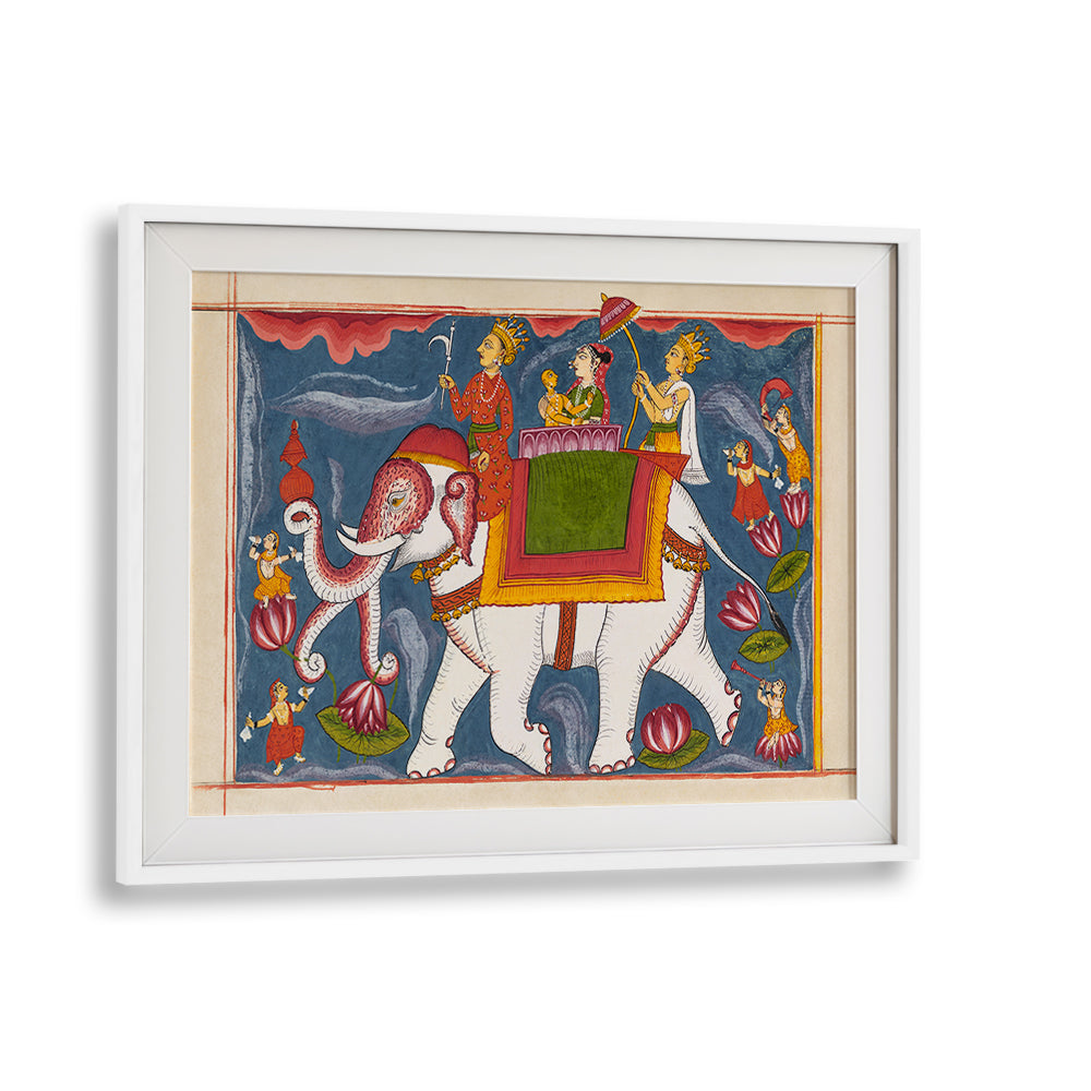 INDRA CONVEYING JINA RISHABHANATHA ON AIRAVATA , INDIAN ART PAINTINGS