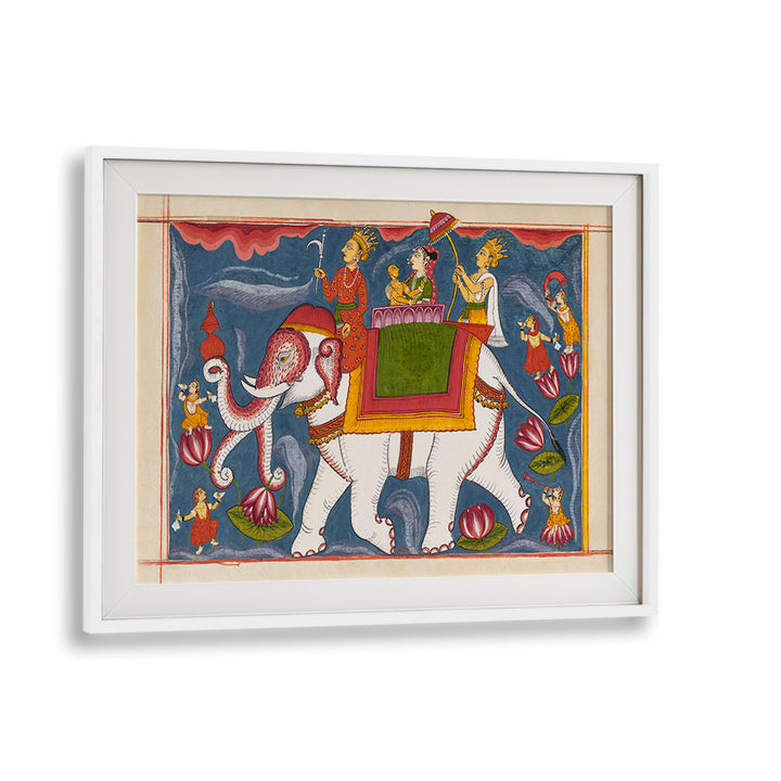 INDRA CONVEYING JINA RISHABHANATHA ON AIRAVATA , INDIAN ART PAINTINGS