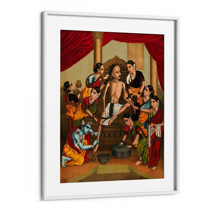 A HINDU ASCETIC IS BATHED AND HONOURED BY A SEVEN WOMEN AND KRISHNA. CHROMOLIT , INDIAN ART PAINTINGS