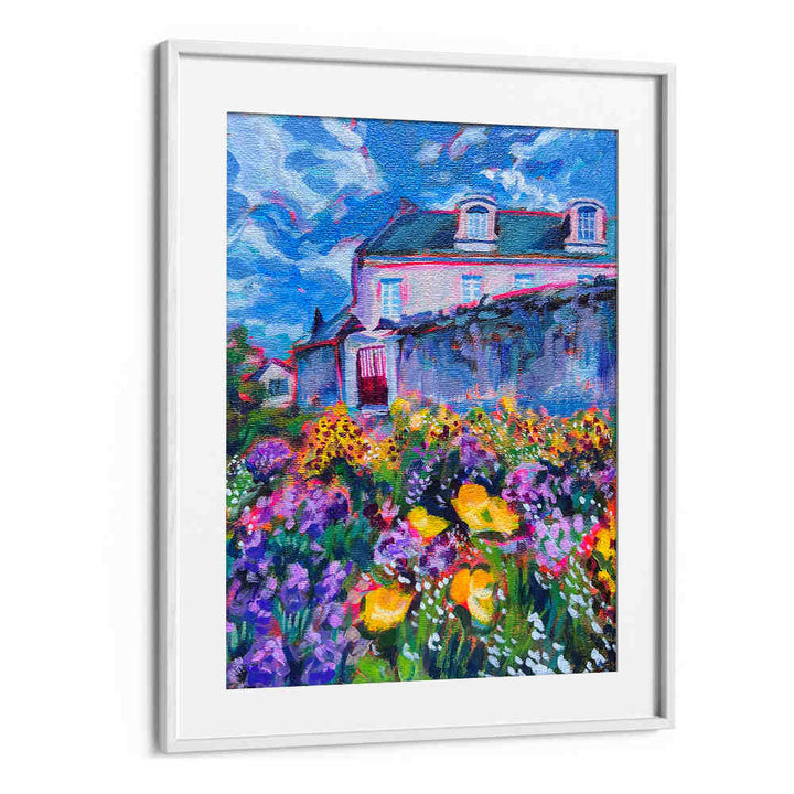 FLEURS , LANDSCAPE PAINTINGS vibrant framed floral landscape with cottage, sunlit blooms and dramatic sky