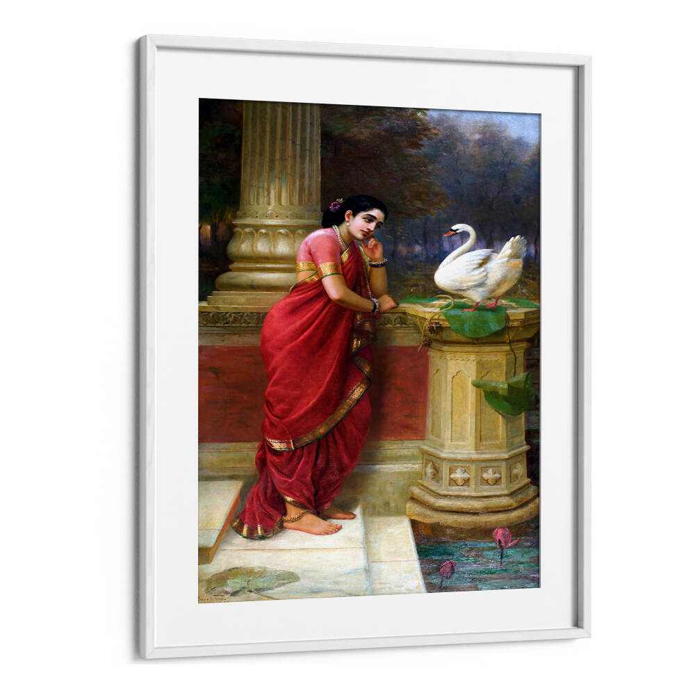 RAVI VARMA PRINCESS DAMAYANTHI TALKING WITH ROYAL SWAN ABOUT NALA , INDIAN ART PAINTINGS