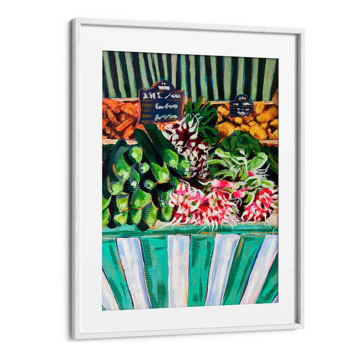 RAVISHING RADISHES , KITCHEN POSTERS framed poster of illustrated radishes at a market stall with teal striped awning