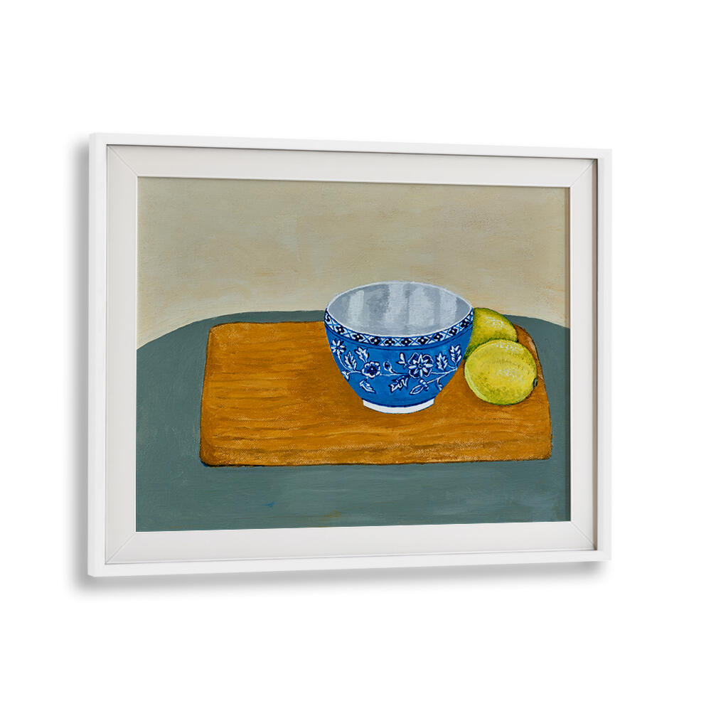 Bright and vibrant LEMONS, KITCHEN POSTERS featuring a blue bowl and fresh lemons, perfect for kitchen decor.