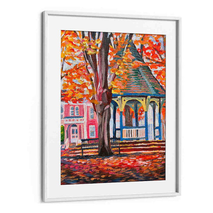 CORN HILL , LANDSCAPE PAINTINGS — Whitemount: autumn gazebo, bench and tree with vibrant fall foliage in canvas print