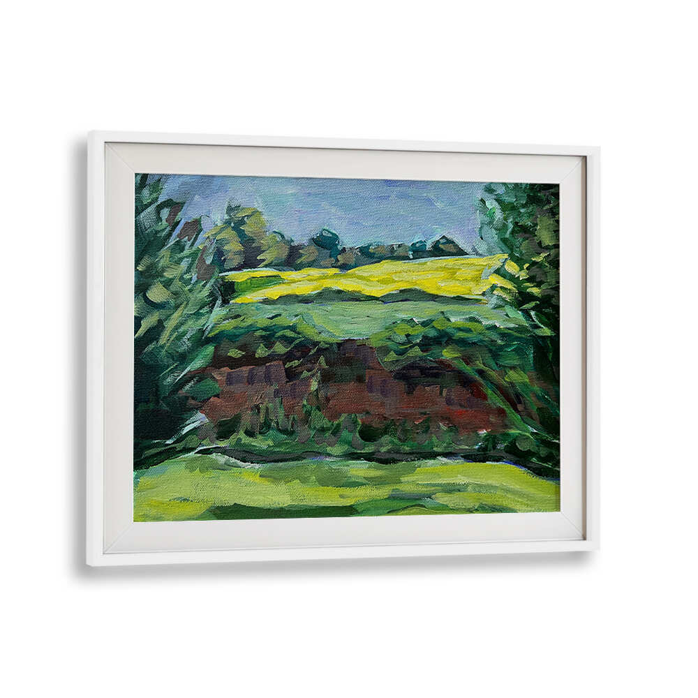 CANOLA FIELD , LANDSCAPE PAINTINGS by WHITEMOUNT: framed sunlit yellow canola blooms and rolling green countryside