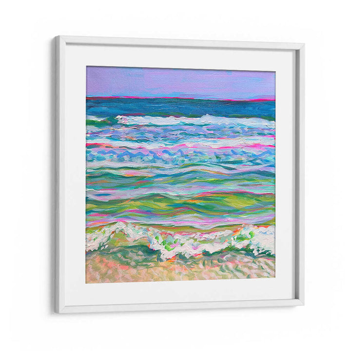 PINK SEAS , BEACH PAINTINGS framed pastel seascape with pink, coral and turquoise waves — WhiteMount art