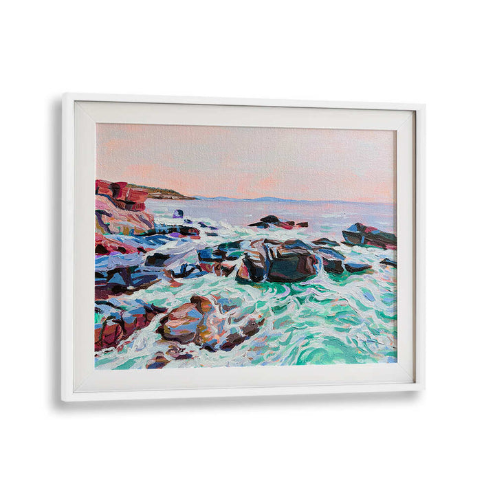 WHITEMOUNT seascape canvas THUNDER HOLE , BEACH PAINTINGS showing crashing waves, rocky shoreline in white frame